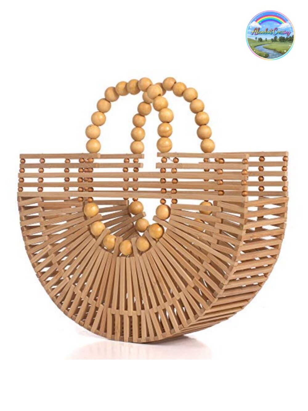 Handmade Bamboo Tote Bag with Wooden Beads Summer Beach Straw Bag